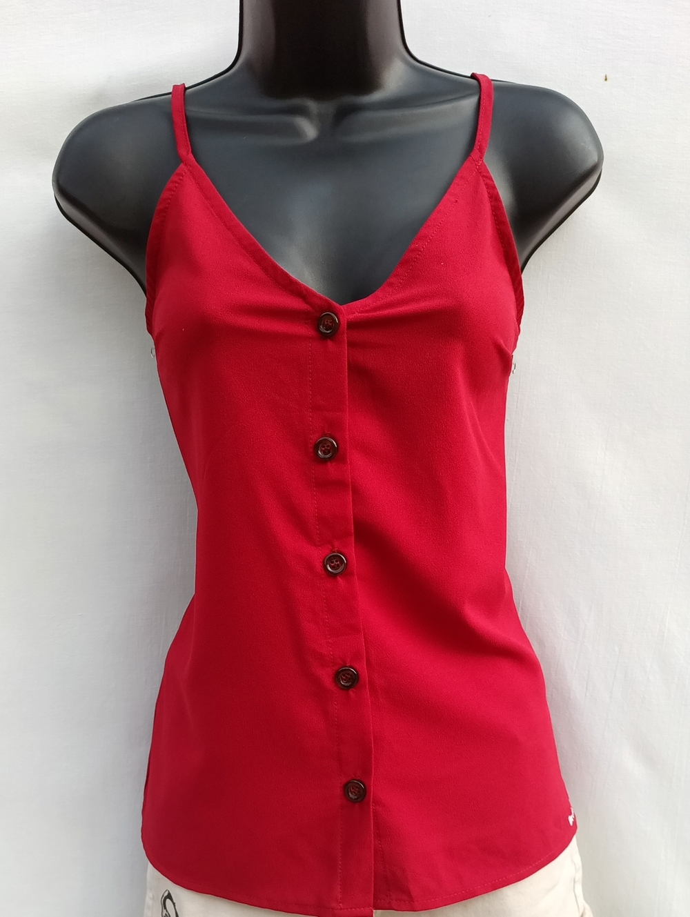 Red Lightweight Button-Front Spaghetti Strap Tank W Bold White Graphic On Back